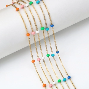 Handmade gold stainless steel chain with colorful enamel beads for DIY jewelry making