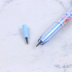Detail of blue transparent inkless pencil with a replaceable graphite alloy nib tip