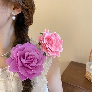 Elegant handmade fabric rose hair clip and brooch in purple and pink for women