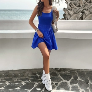 Elegant blue solid color camisole dress set for women with slim top and mini skirt