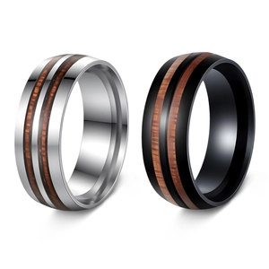 Men Band Ring Stainless Steel With Wood Grain Inlay High Polished Fashion Jewelry For Male Comfort Fit