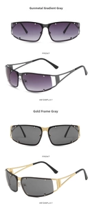 Detailed front and side views of Y2K square metal sunglasses in gunmetal and gold finish