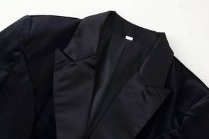 Détails du blazer en velours noir montrant le revers en satin et la texture du tissu