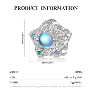 Detailed S925 sterling silver moonstone star charm specifications and dimensions chart
