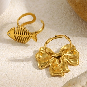 18K gold plated stainless steel open rings with fishbone and bowknot designs