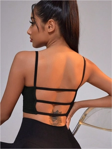 Camiseta Corta De Punto Canalé Para Mujer Sin Costuras Alta Elasticidad Espalda Descubierta Correas Cruzadas Yoga Deporte