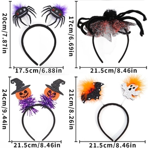 Detailed size guide of four Halloween headbands featuring spider, pumpkin and ghost motifs