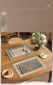 Close-up of waterproof leather placemat showing woven texture and beige grey geometric patterns