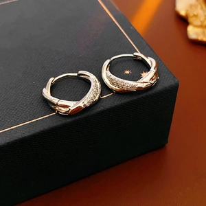 Macro shot of silver twisted hoop earrings with micro zircon inlay on dark texture