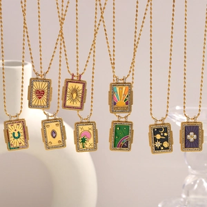 Vintage 18K gold plated stainless steel square pendant necklaces with diverse patterns