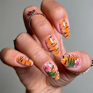Press On Nails Almond Artificial False Nails Orange Tiger Stripes 3D Pink Flowers Green Leaves Plastic Resin Women