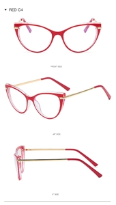 Three-angle view of red TR90 cat eye glasses frames with gold metal spring hinges
