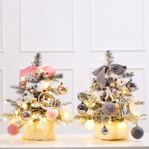 Mini Desktop Christmas Tree With LED Lights Snow Flocked PVC Wood Fabric Ornaments Festive Holiday Home Decor Gift