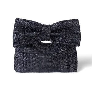 Elegant black woven handbag for women featuring a large decorative bow on pure white background