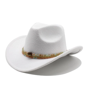 White felt western cowboy hat with colorful beaded band and brown center stone accent