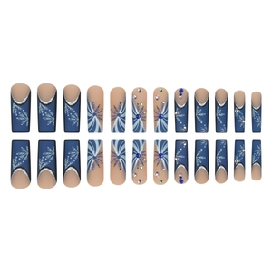 Morandi blue and nude coffin press-on nails with snowflakes and rhinestones decor