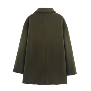 Back view of a classic double-breasted olive green wool coat with a minimalist straight fit