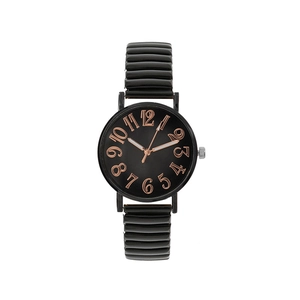 Montre à quartz noire avec chiffres or rose et bracelet élastique en métal chic