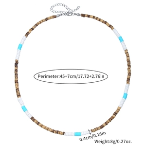 Detail view of ethnic wood bead necklace showing dimensions, weight, and shell bead texture