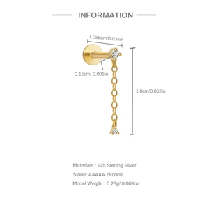 Detailed size parameters for 925 sterling silver heart chain cartilage stud earring