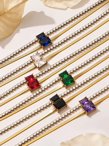 Detail view of double-layer gold bracelets with vibrant square-cut zirconia in six colors