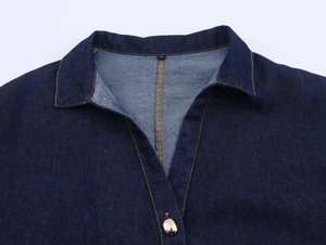 Detailaufnahme des dunkelblauen Denim-Kragens mit einem goldenen Metallknopf