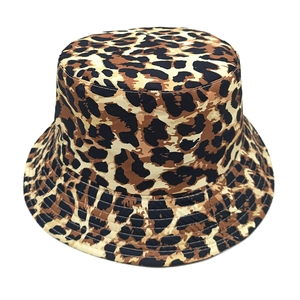 Detailed close-up of leopard print bucket hat with wide brim and precise stitching