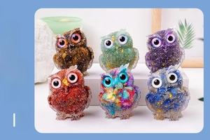 Detailed set of six resin owl statues crafted with colorful natural crystal gravel stones