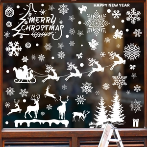 Autocollants Fenêtre Noël PVC Statiques Réutilisables Flocons Neige Renne Père Noël Décorations Verre Blanc Décor De Fêtes