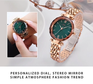 Luxury green malachite dial women's watch with faceted crystal and rose gold steel strap