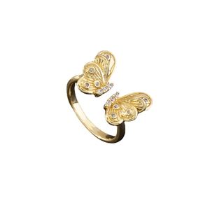 Adjustable golden butterfly ring with sparkling zircon stones and brushed metal texture