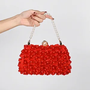 Elegant red evening handbag with 3D pearl roses and pearl handle for bridal banquet
