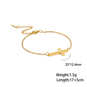 Polished gold stainless steel cross pendant bracelet with adjustable link chain