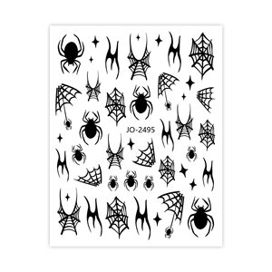 3D Halloween nail art stickers with black spiders, webs, and stars on white background