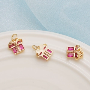 14K gold plated gift box pendant with ruby pink crystals and small zircon accents