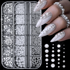 Nail Art Rhinestones Flatback Resin Artificial Pearls Metal Beads Mixed DIY Manicure Decoration In Compartment Organizer