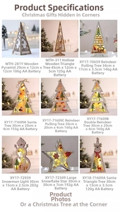 Detailed macro grid showing various wooden LED Christmas ornaments with warm lighting