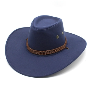 Classic dark blue western cowboy hat in faux suede with decorative rope and wide brim
