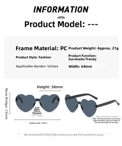 Detailed dimension chart and size specifications for heart-shaped sunglasses