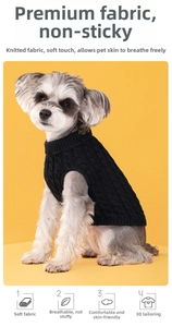Close-up of black cable-knit dog sweater with high neck and sleeveless design
