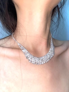 Close-up of sparkling rhinestone choker necklace with tassel design on model neck