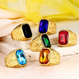 Freemasonry Masonic Men Ring Stainless Steel Large Rectangular Gemstone Square Compasses Polished Retro Style G Letter
