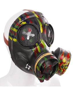 Detail of steampunk gas mask featuring colorful paint splatter and metal mesh eyes
