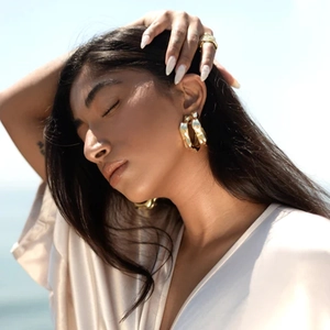 Chic 18k gold plated stainless steel triangle petal C-shaped earrings and ring set