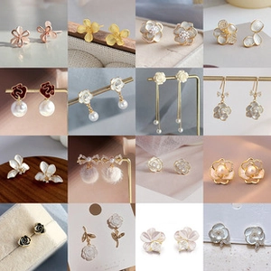 Detailed grid of 16 elegant C-shape gold earrings with pearl and floral patterns
