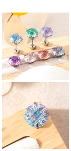 Macro detail of firework-cut zircon screw back earrings in gradient colors and steel base