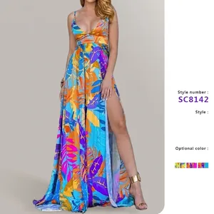 Women Tropical Leaf Print Polyester Maxi Dress Deep V Neck High Slit Bohemian Summer Beach Vacation Floor Length Sexy