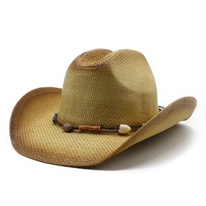 Western Cowboy Straw Hat Vintage Paper Fedora With Beaded Belt Wide Brim Sun Protection For Men Women