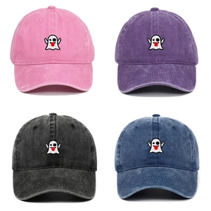Washed cotton baseball cap featuring cute ghost embroidery in four assorted colors
