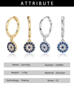 Detail specifications of 925 silver evil eye earrings with CZ stones and plating data